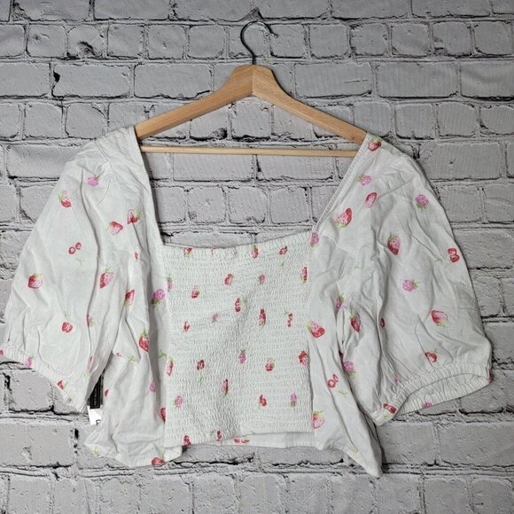 Bp Puff Sleeve Crop Top In White Brilliant Tossed Berries Linen NWT Size 3X - Picture 8 of 11